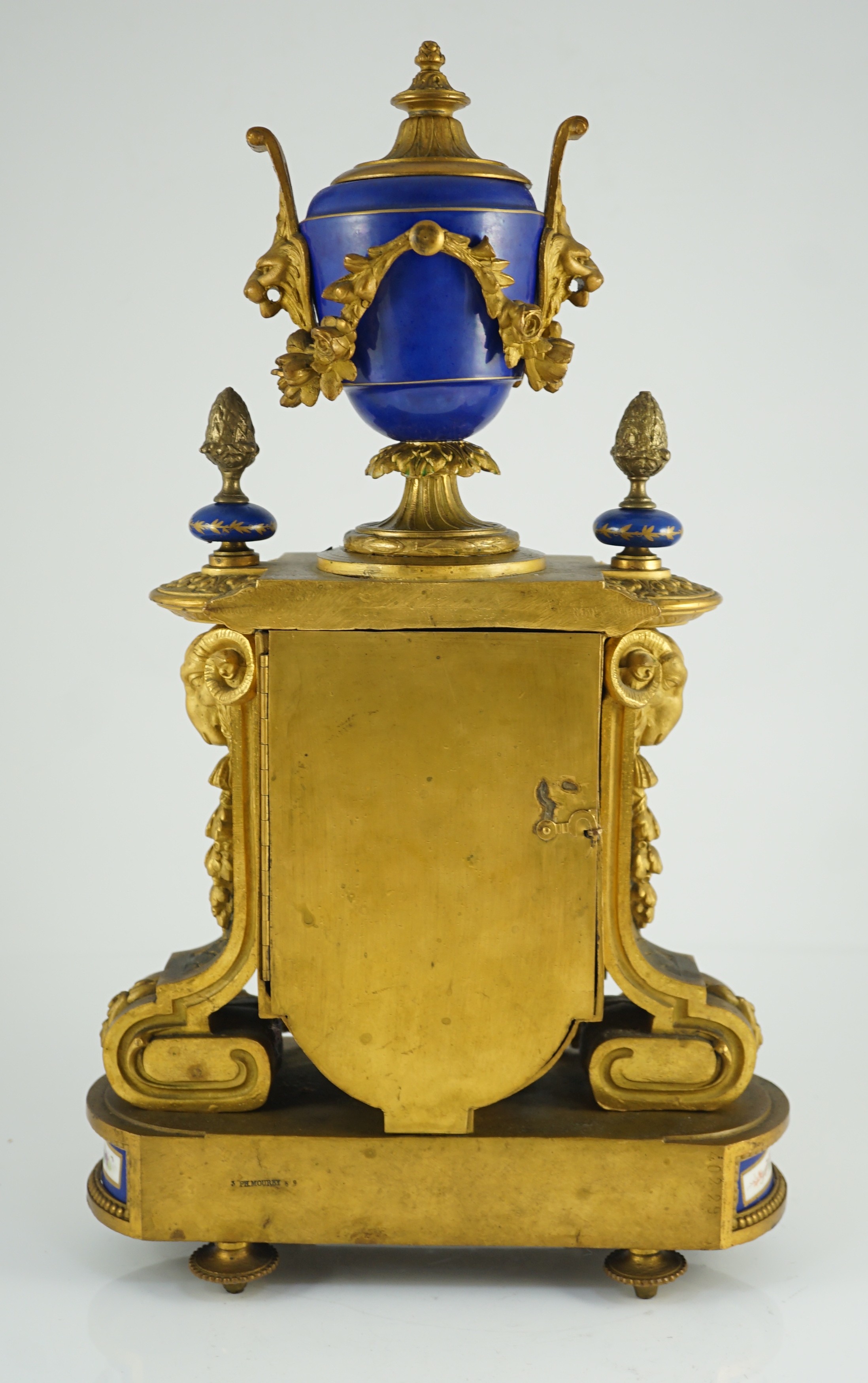 A 19th century French ormolu and Sevres style porcelain mantel clock, 29cm wide, 50cm high